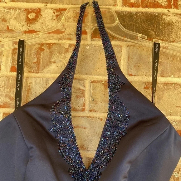Alfred Angelo Navy Halter Beadwork Maid of Honor Prom Dress - Picture 5 of 15